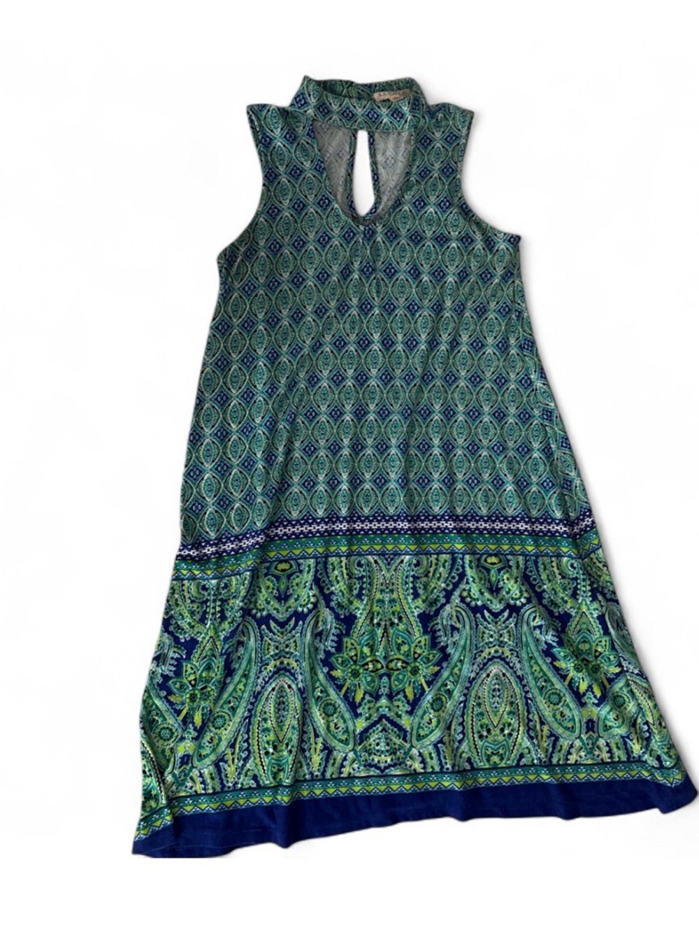 Sleeveless Green & Navy Paisley Casual Dress